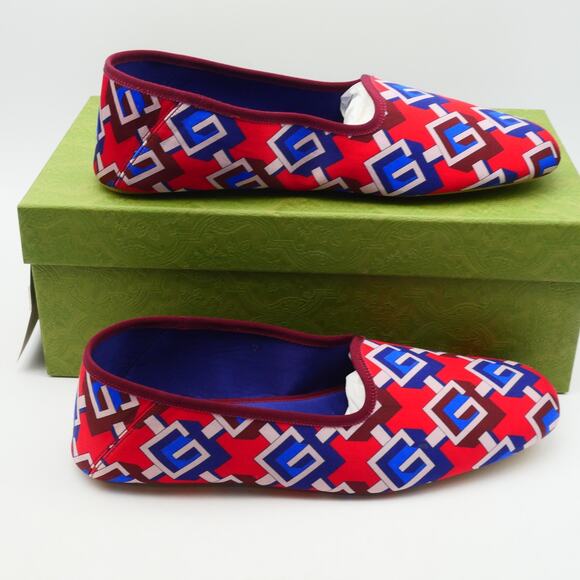 NEW Gucci Men's 12 Red Blue Geometric G Print Satin Smoking Slippers + DustBag - Picture 4 of 13